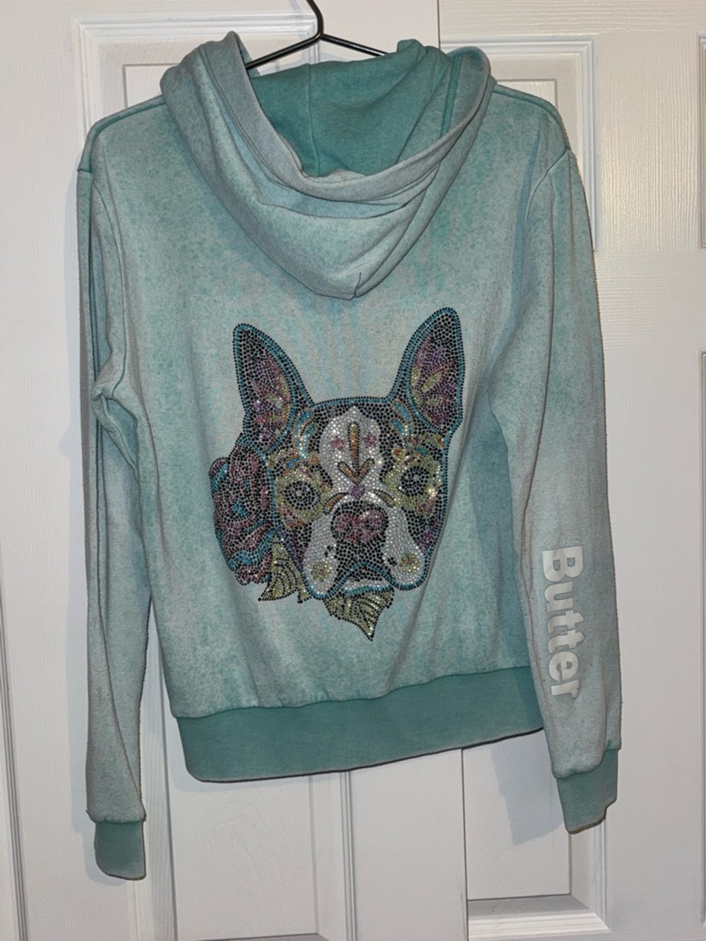 Butter Super Soft Rhinestone French Bulldog Zip Hoodie XL Aqua Dog Graphic